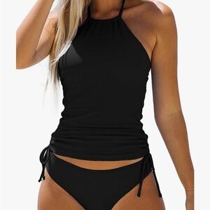 Beachsissi - Women's Bathing Suit Drawstring Tankini Set. Small, black. 2 piece